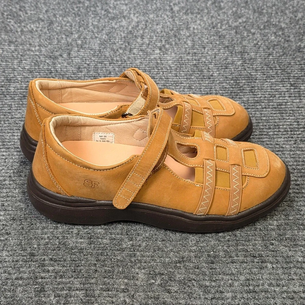 SureFit Acapulco‎ Mary Jane Shoes Womens 8.5W Tan Leather Suede Hook Loop Straps